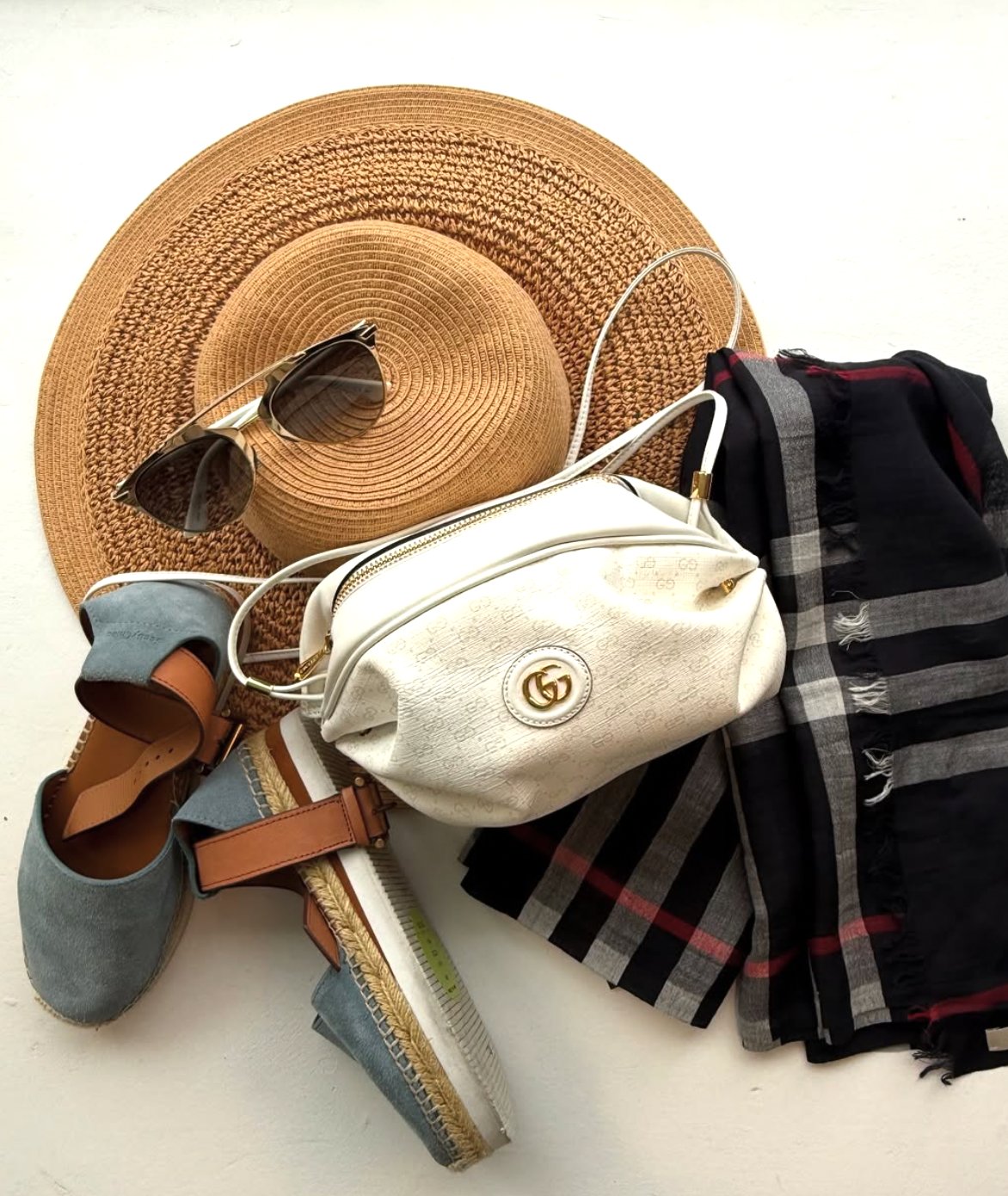 Gucci bag, Burberry scarf and espadrilles at Hunt + Trade